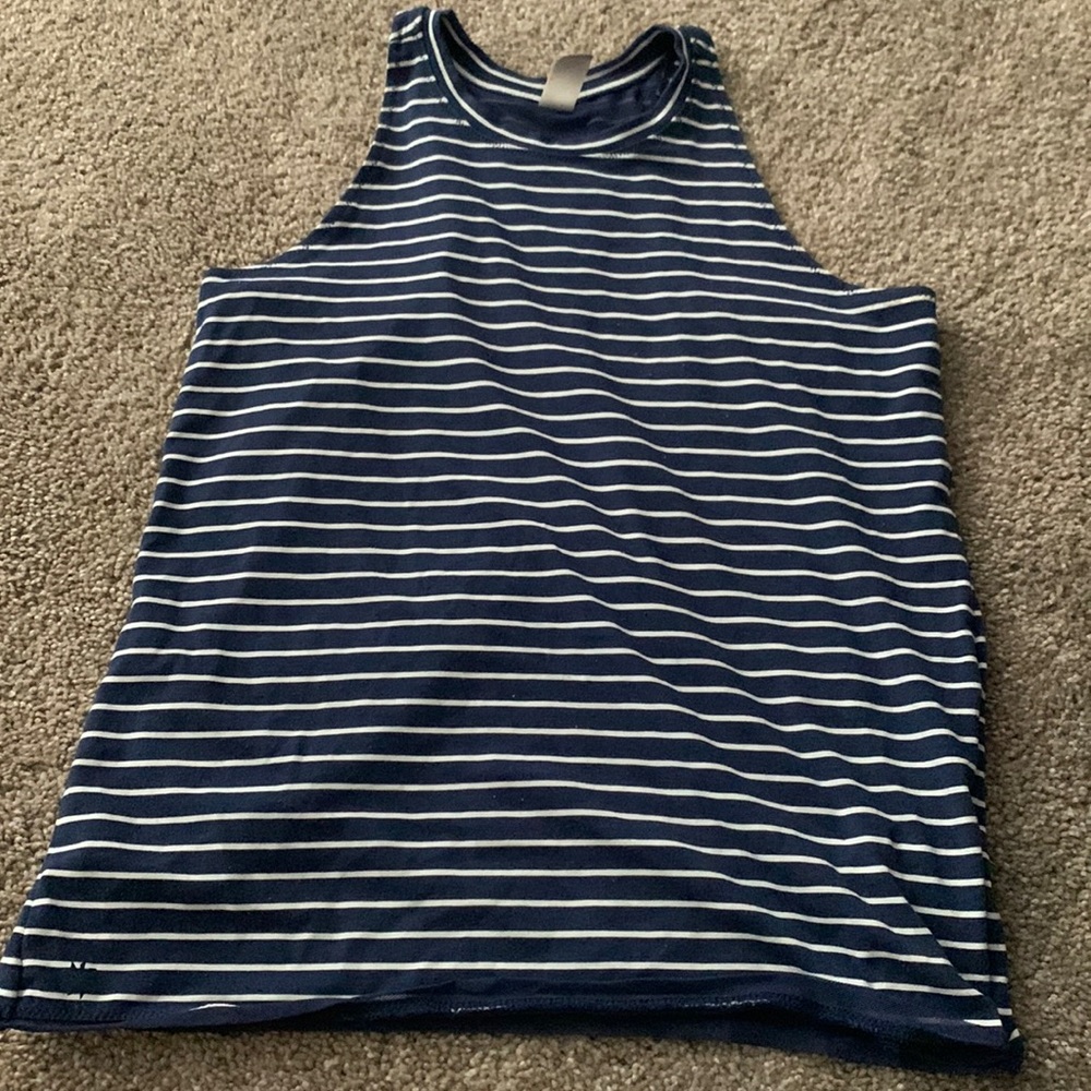 A blue and white striped tank top